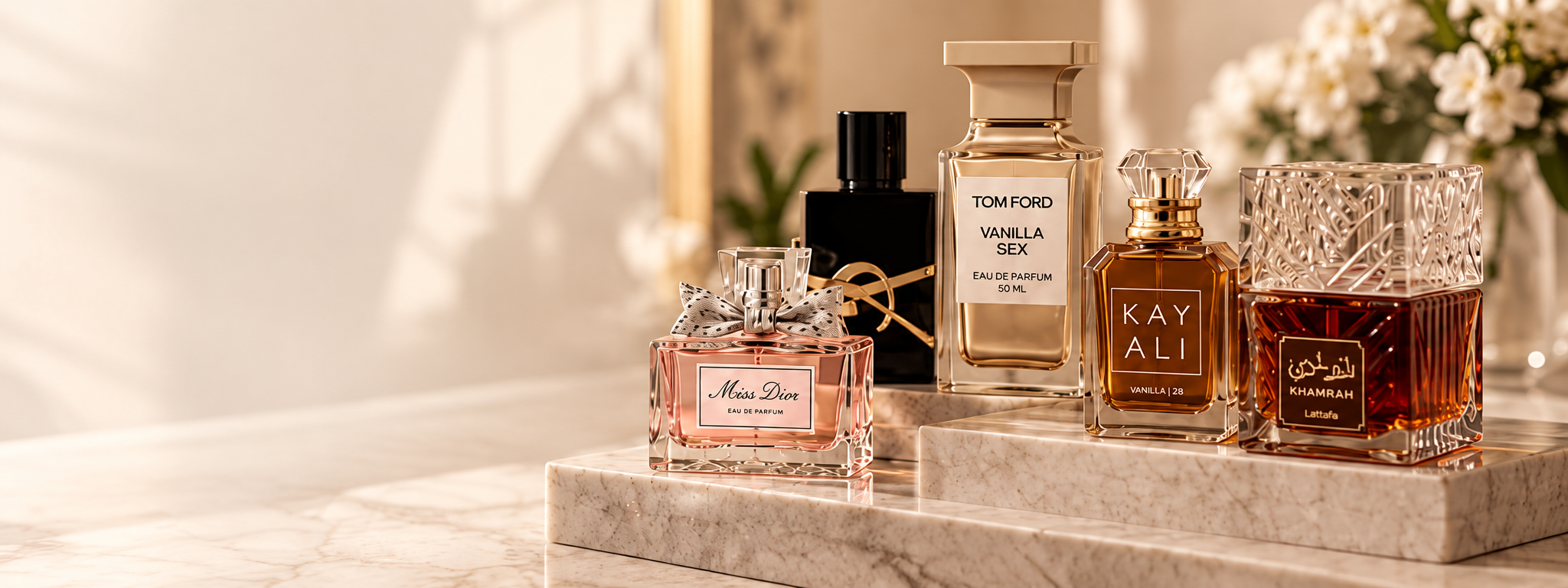 Designer and Middle Eastern fragrances arranged on warm marble