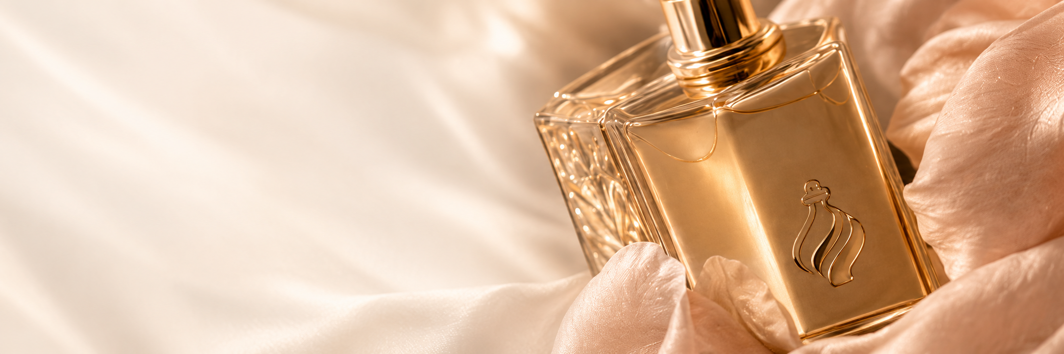 Golden perfume bottle resting on champagne silk